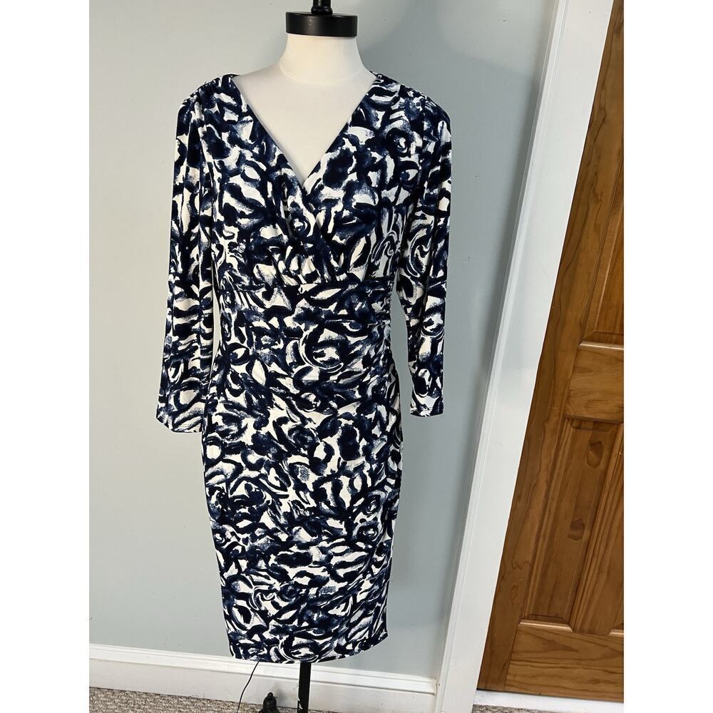 LAUREN RALPH LAUREN Blue Print DRESS SZ 8 Stretch No Iron Travel Church